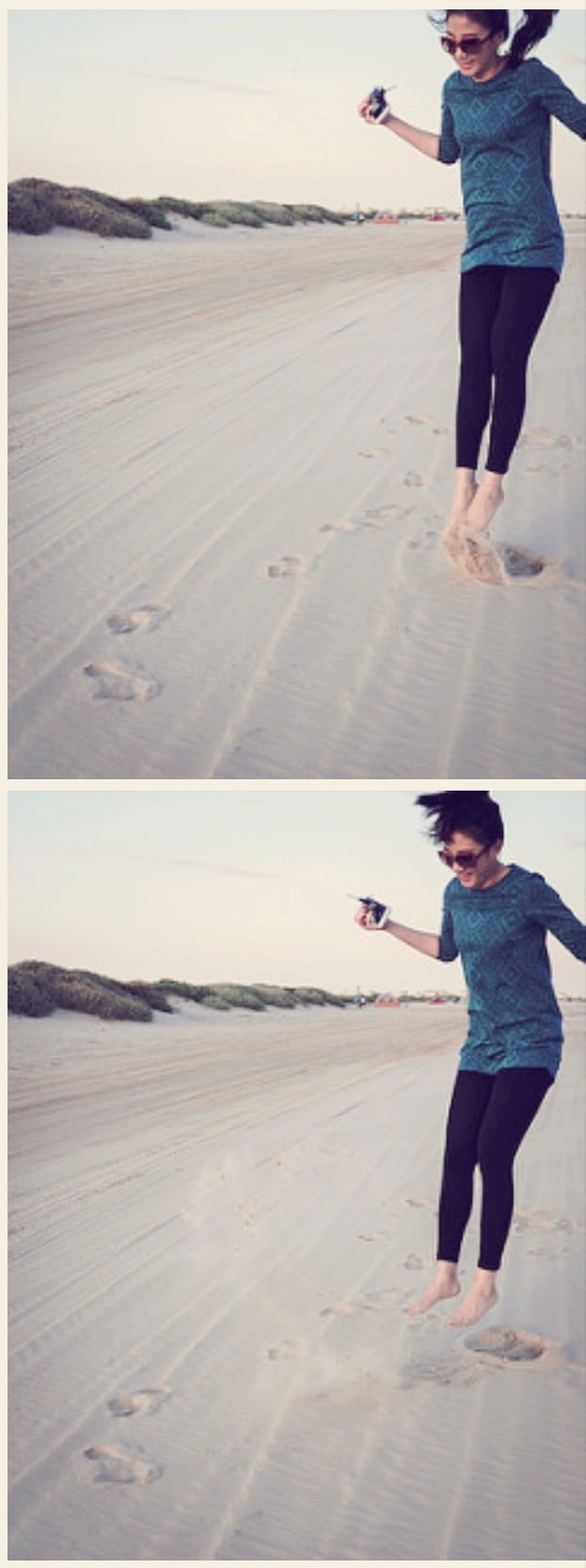 Picture strip of Jo jumping on sand