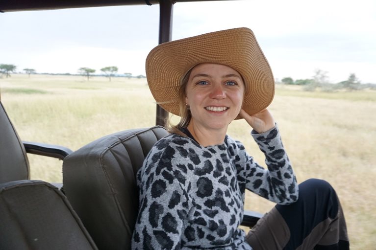 Karin sitting in safari jeep