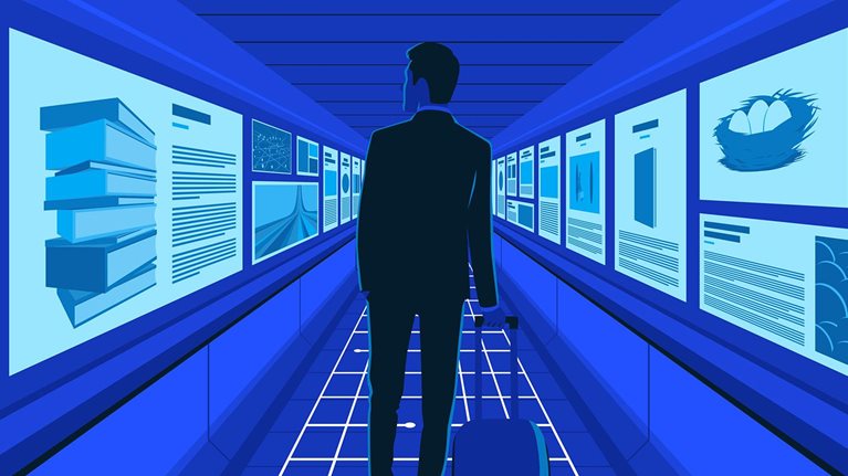 A minimalist illustration of a person with a suitcase on a moving airport walkway lined with glowing digital screens.