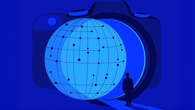 A graphic illustration in a vector style shows a massive camera with a rotating blue spherical grid projecting from its lens. In front of the sphere, a small silhouetted figure studies the sphere.