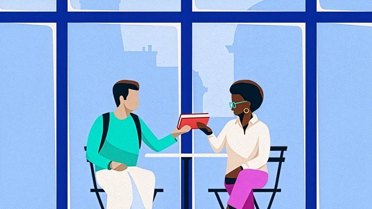 An animated illustration showing a red book being passed from one business professional to another. With every exchange, the scene transitions into a new city, moving through a cafe in Paris, New York City subway, a Rio de Janeiro courtyard, and a glass walled office in Singapore. The backgrounds are illustrated in vivid blues and the foreground uses a limited but vibrant pallet of greens, purples, oranges and reds.