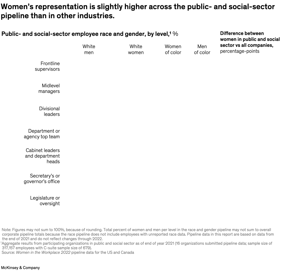 Women’s representation is slightly higher across the public- and social-sector pipeline than in other industries.