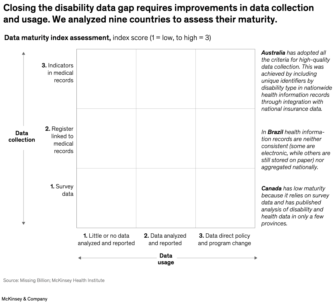 Closing the disability data gap requires improvements in data collection and usage. We analyzed nine countries to assess their maturity.
