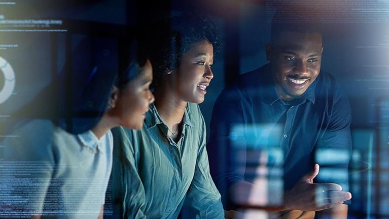 Overlay, futuristic and programmer team coding a future app, website or web on the internet online at night in an office, planning for innovation - stock photo