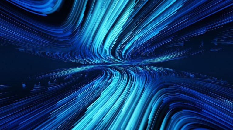 The image shows an abstract digital background with curved, glowing electric blue light streaks resembling motion trails or fiber optic data streams.