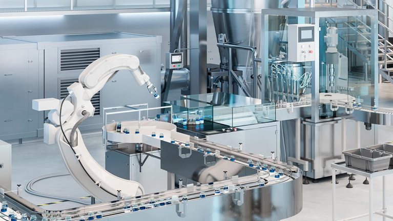 3D rendering of an automatic medicine manufacturing plant. Robotic arm working on medicine manufacturing production line.
