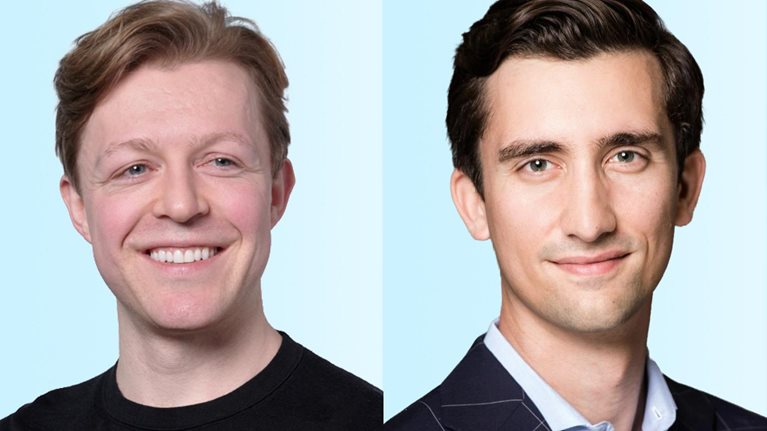 Side by side professional headshots of Jamie Vickers and Alec Wrubel against a light blue background.