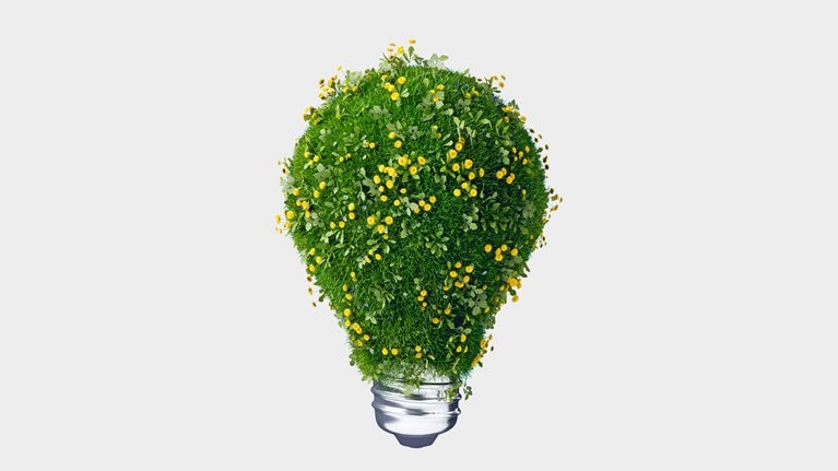 A 3D rendering of light bulb covered with green grass and blooming yellow flowers against light gray background