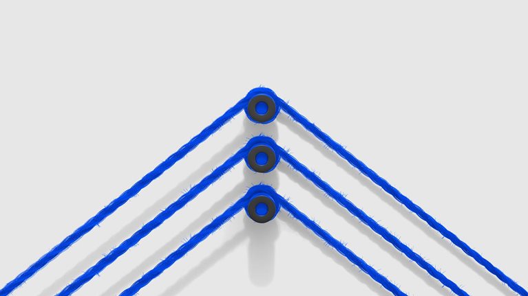 Three blue strings cross over a peg at the center of the frame, creating an arrow-like shape pointing upward.