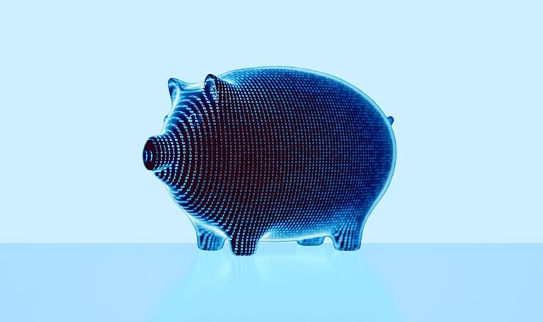 A 3D piggy bank covered in glowing binary numbers.