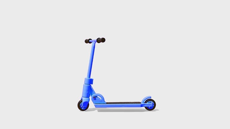 A bright blue scooter, set against a light-grey background.