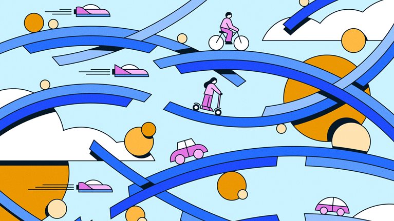 A playful design features various modes of transportation, including bicycles, scooters, and stylized cars and flying vehicles, on curved blue tracks set against a light blue sky. The scene is enhanced with round orange and white shapes resembling suns and clouds.