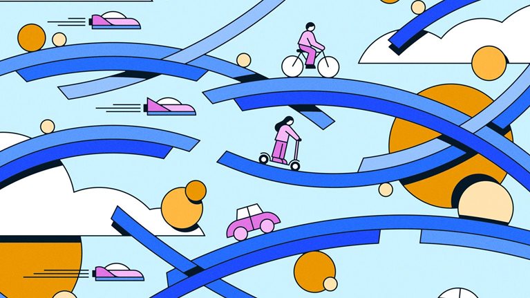 A playful design features various modes of transportation, including bicycles, scooters, and stylized cars and flying vehicles, on curved blue tracks set against a light blue sky. The scene is enhanced with round orange and white shapes resembling suns and clouds.