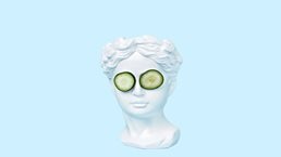 A bust of a young woman, inspired by ancient Greek art, wearing cucumber slices on her eyes and set against a light blue backdrop.