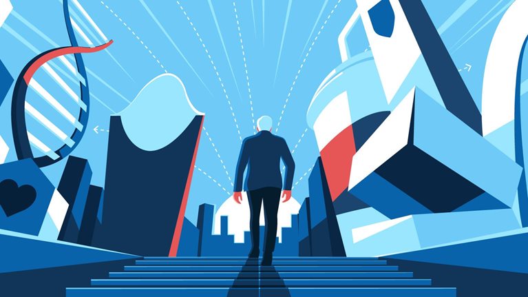 A solitary figure ascends a set of steps toward a futuristic cityscape filled with abstract structures and symbols