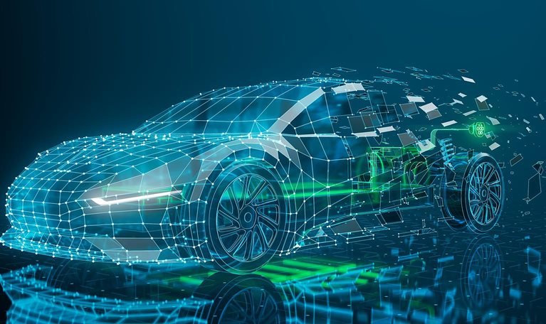 Glowing construction blueprint of futuristic electric car