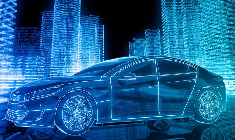 A 3D image composed of neon linework depicts a modern car surrounded by towering city-like structures made entirely of binary code.