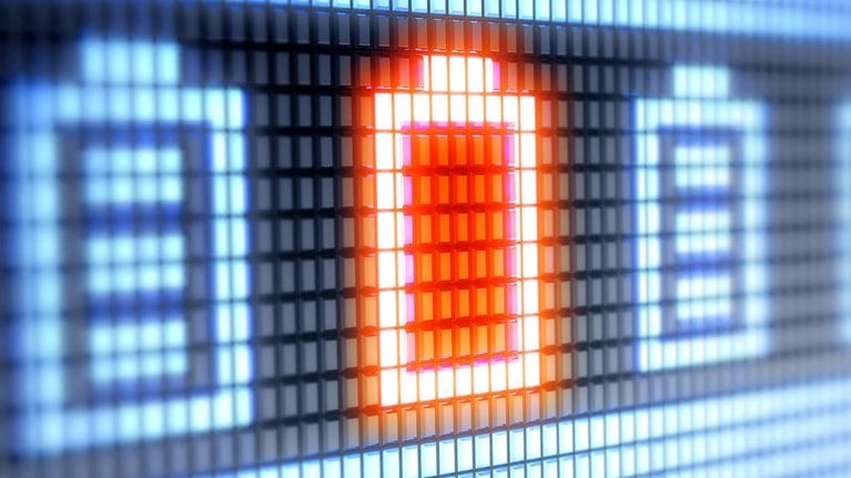 Digital image of battery indicators with a row of blue full indicators and one red empty indicator.