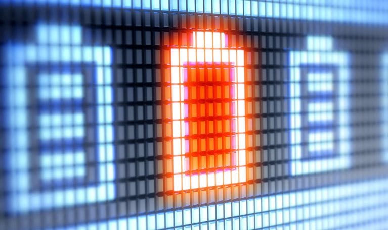 Digital image of battery indicators with a row of blue full indicators and one red empty indicator.