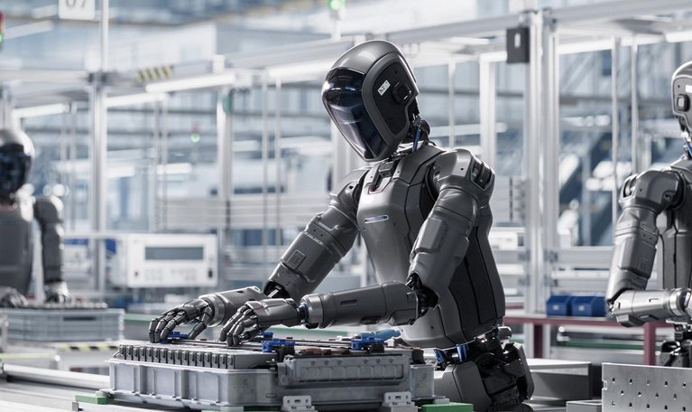 Autonomous AI Powered Humanoid Robot Work at Factory on Assembly Line.