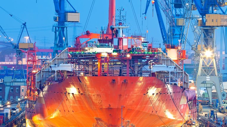 Ship Maintenance in Dry Dock at Night, Hamburg Harbor