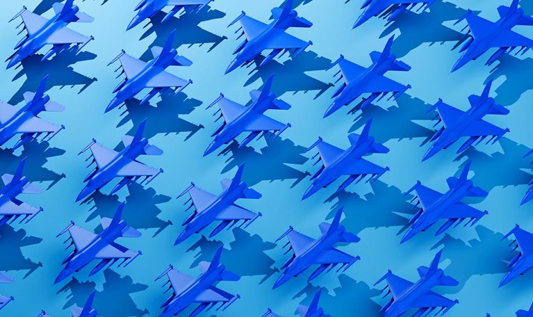 Formation Control – Grid of Stylized Blue Fighter Planes Representing Strategy and Precision