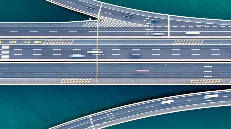Drone Aerial View of Jiaozhou Bay Bridge of Qingdao, Shandong Province, China