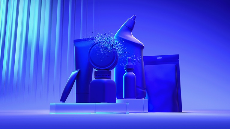 Several solid blue, unlabeled product containers are arranged on a glowing platform in front of a blue background with a vertically ribbed, lit panel.