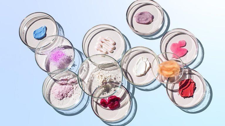 Top view of numerous petri dishes with various cosmetics in them.