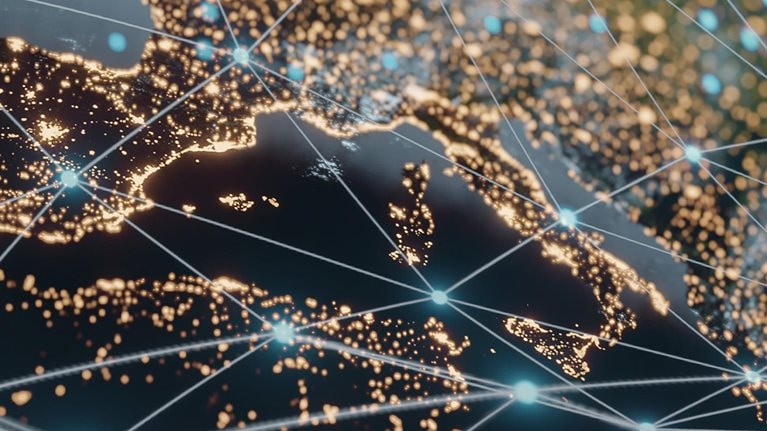 Planet earth at night showing global digital connections