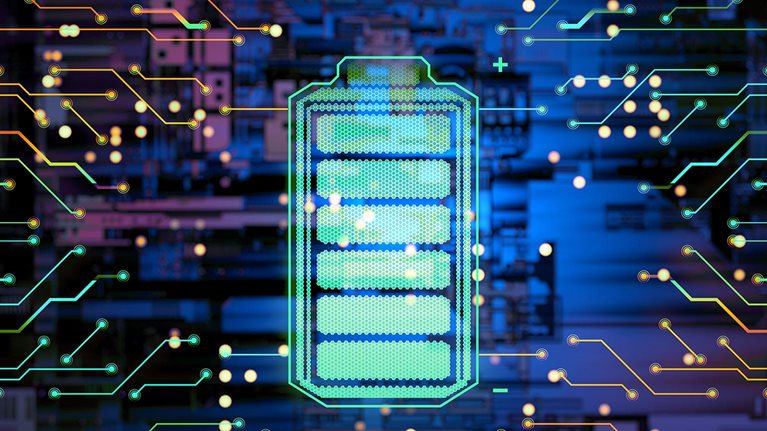 Battery supply concept. Illustration of digital battery being charged by network.