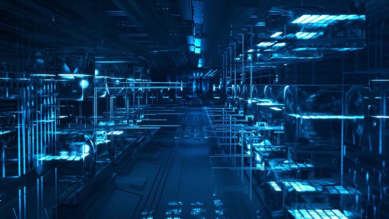 Futuristic server room tunnel on a dark background.