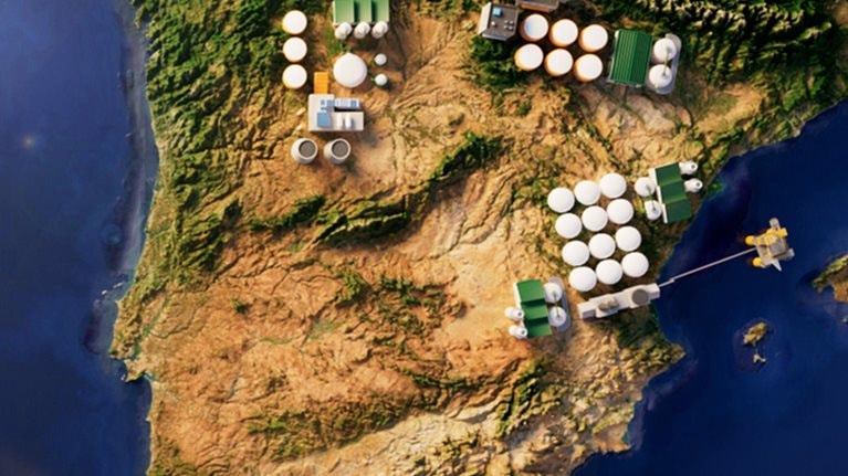 Aerial view of Iberian peninsula with carbon capture and storage facilities placed throughout