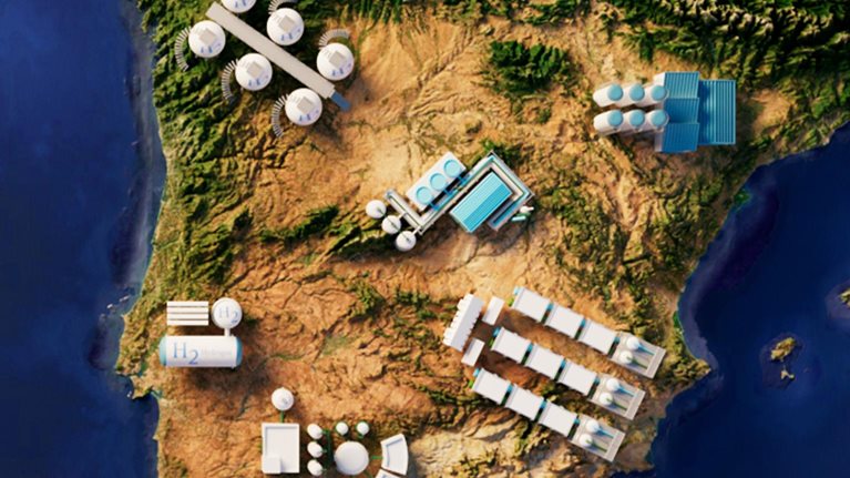 Illustration the Iberian peninsula aerial view with green energy alternative across the land.