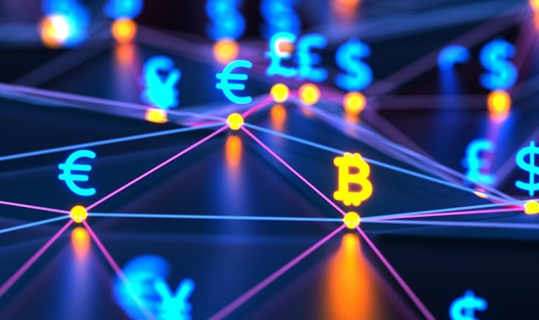 Futuristic digital nodes background with money signs. Blockchain connections technology and digital network. Bitcoin, dollar, euro, pound and yen signs glowing on the connection dots background. Security money concept.