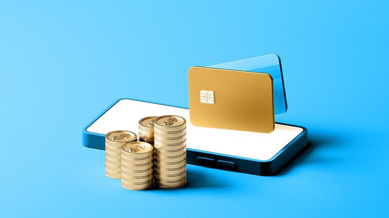 A digital rendering of a smartphone displaying a golden credit card and stacks of golden coins, all against a light blue background.