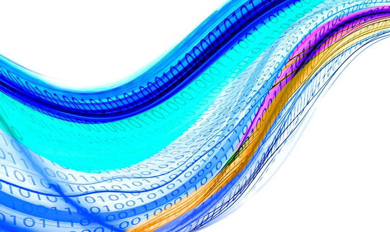 A colorful swirling wave of abstract binary code.
