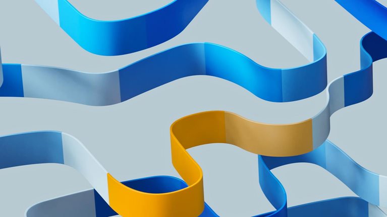 Five rows of flat squares in shades of blue and orange, come together to form long, flowing, ribbon-like formations.