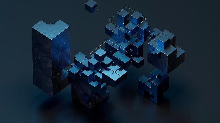 Digitally generated image of an cubic data tech block, abstract design featuring several interconnected, box blocks-like structures that appear to pattern. These blocks are illuminated with a digital dark blue color scheme, with countless tiny, glowing elements resembling data streams or circuit boards. Artificial intelligence, machine learning or digital transformation concept.
