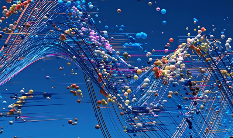 Abstract streams of colorful lines and small spheres flow in wave-like patterns across a blue background