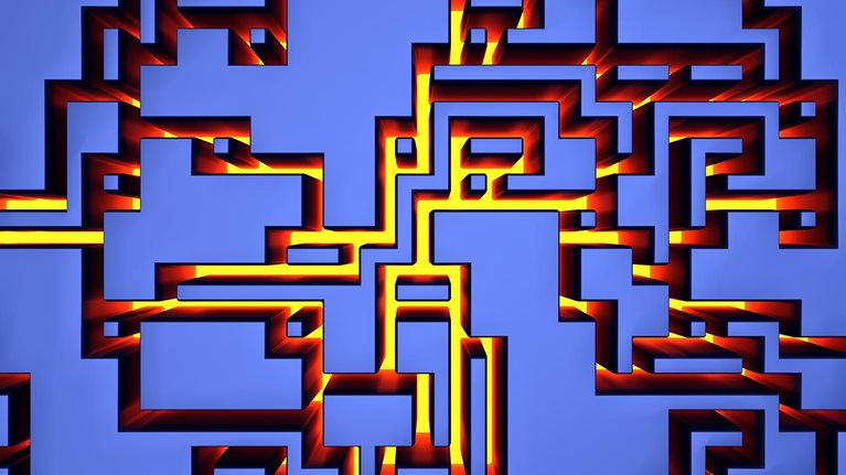 Maze business challenge blue background with yellow light risk and decision labyrinth 3D illustration
