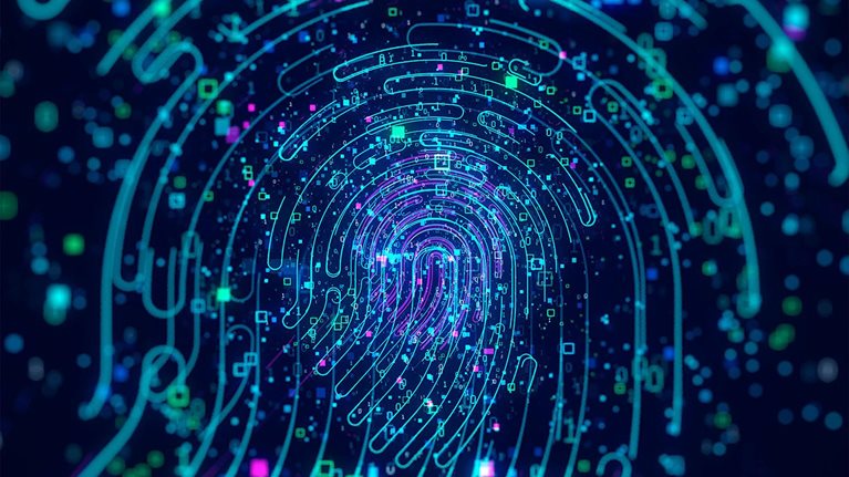 Digital generated image of data forming fingerprint icons on black background. Data security concept.