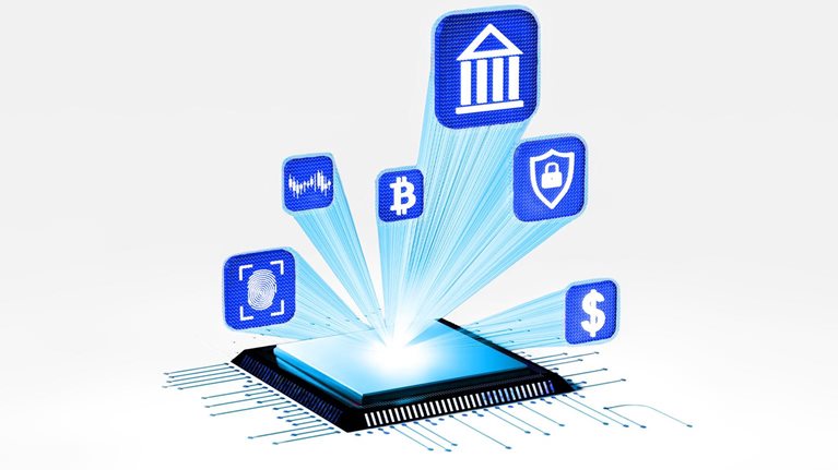 A glowing microchip sits at the center, emitting beams of light that project floating blue icons including a bank, bitcoin, fingerprint, shield, and dollar symbol. The scene has a futuristic, minimal aesthetic with a soft gray background and clean digital styling.
