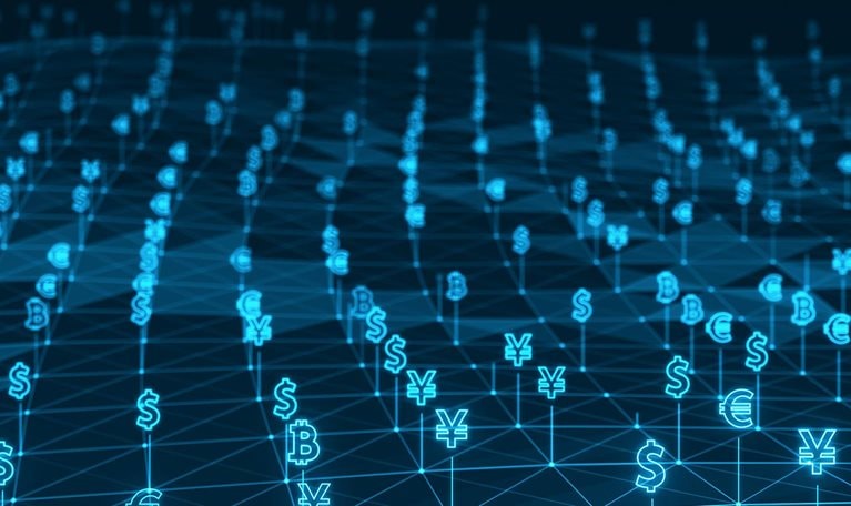 Blue digital money icon and network connection linked to futuristic line abstract technology background concept