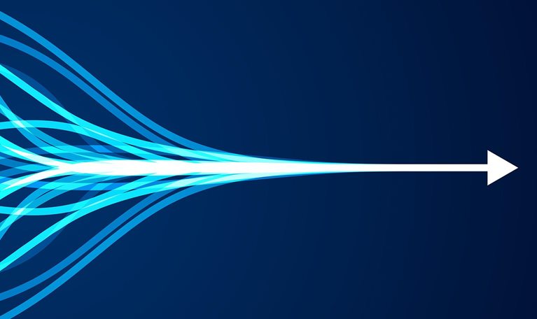 Abstract web of lines coming together to form an arrow moving forward