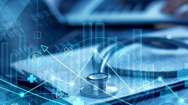 Image depicts a futuristic healthcare concept, showing a stethoscope, digital charts, and graphs overlaid with medical and financial data symbols to represent the integration of technology, data, and medicine.