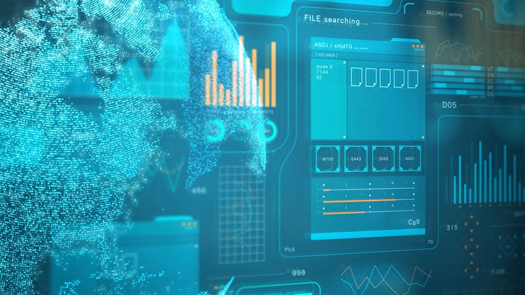 Glowing particle earth and graphical user interface data panel on a dark background.