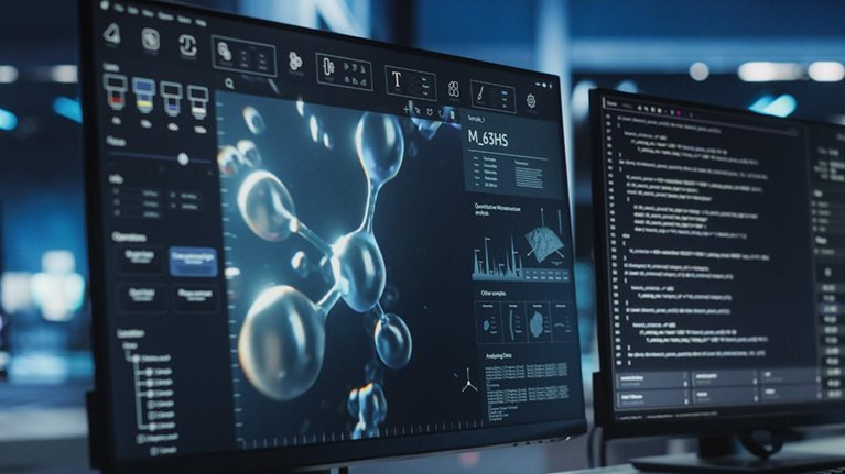Anonymous Medical Researcher Working in Modern Office on a Desktop Computer with Molecular Modelling Software and Source Code on Screen. Biologist Designing New Drug Molecules to Combat Bacteria.