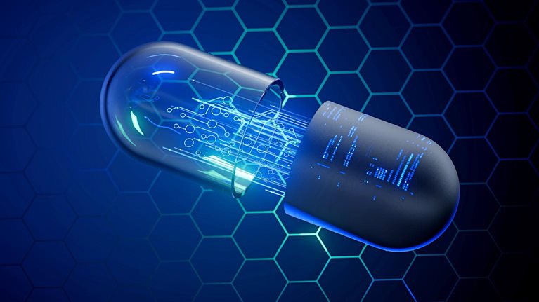 3D conceptual image of a clear capsule casing with a lit up digital circuit board inside of it.