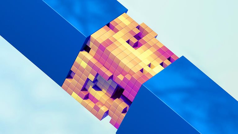3d image of two simple square sleeves separating and revealing a complex structured core of multicolored cubic blocks within.
